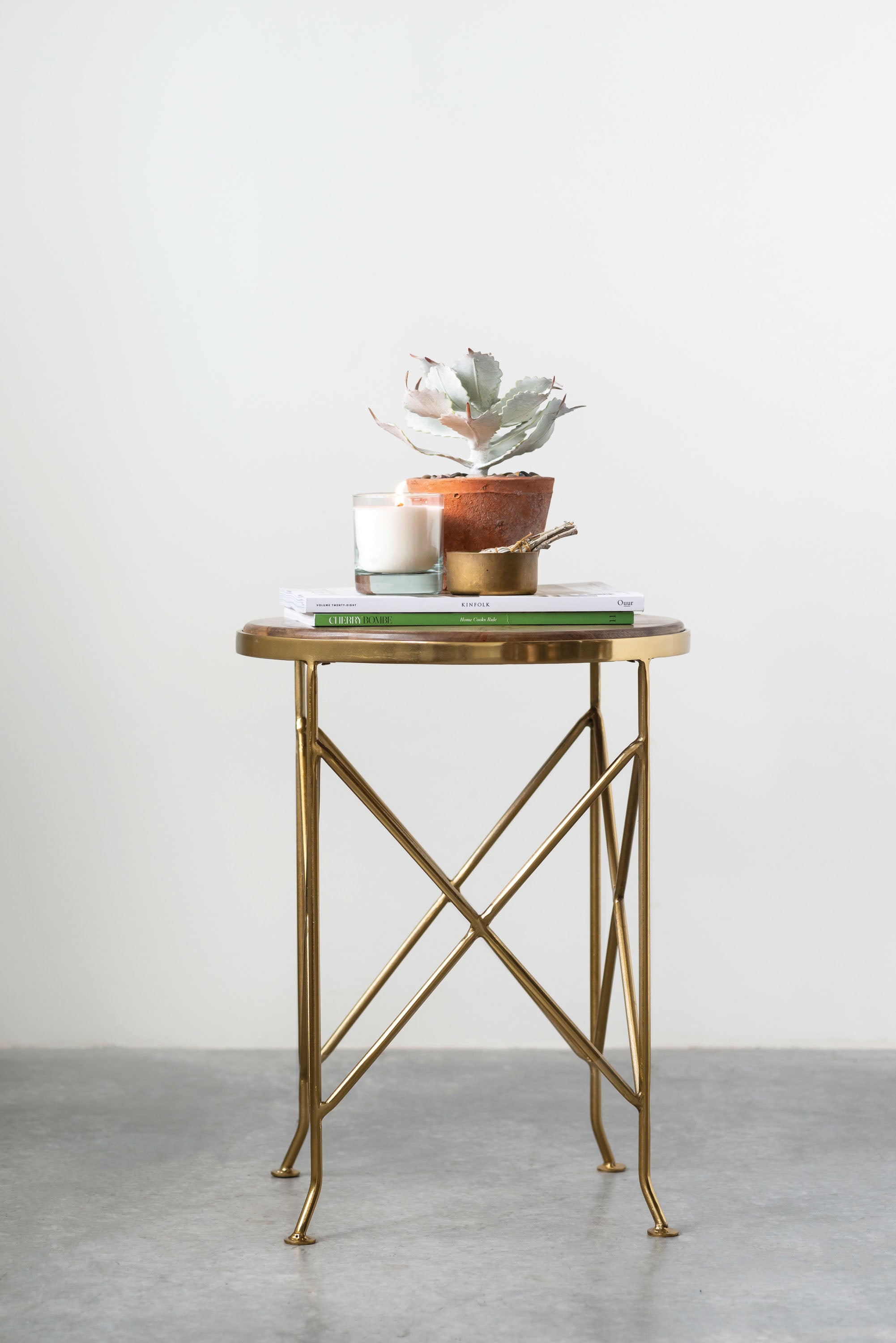 Brown Mango Wood Side Table with Gold Metal Legs